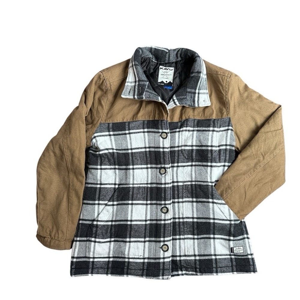 Kavu Plaid Flannel Canvas Colorblock Quilted Shirt Jacket Mens Large Tan Black